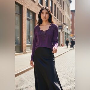 VTG TOGETHER Lace Trim Top Long Sleeve Women’s S Purple V Neck Dark Romance